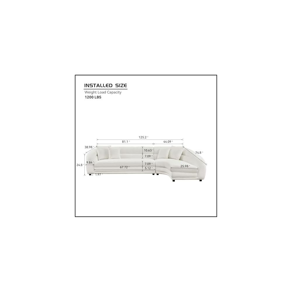 KEIKI 125" Curved Oversized Boucle Modular Sectional Sofa with Right Chaise, Upholstered 4-Seater Comfy Couch with 40D High-Density Rebound Foam & 4 Pillows, Easy Assembly, for Living Room, White