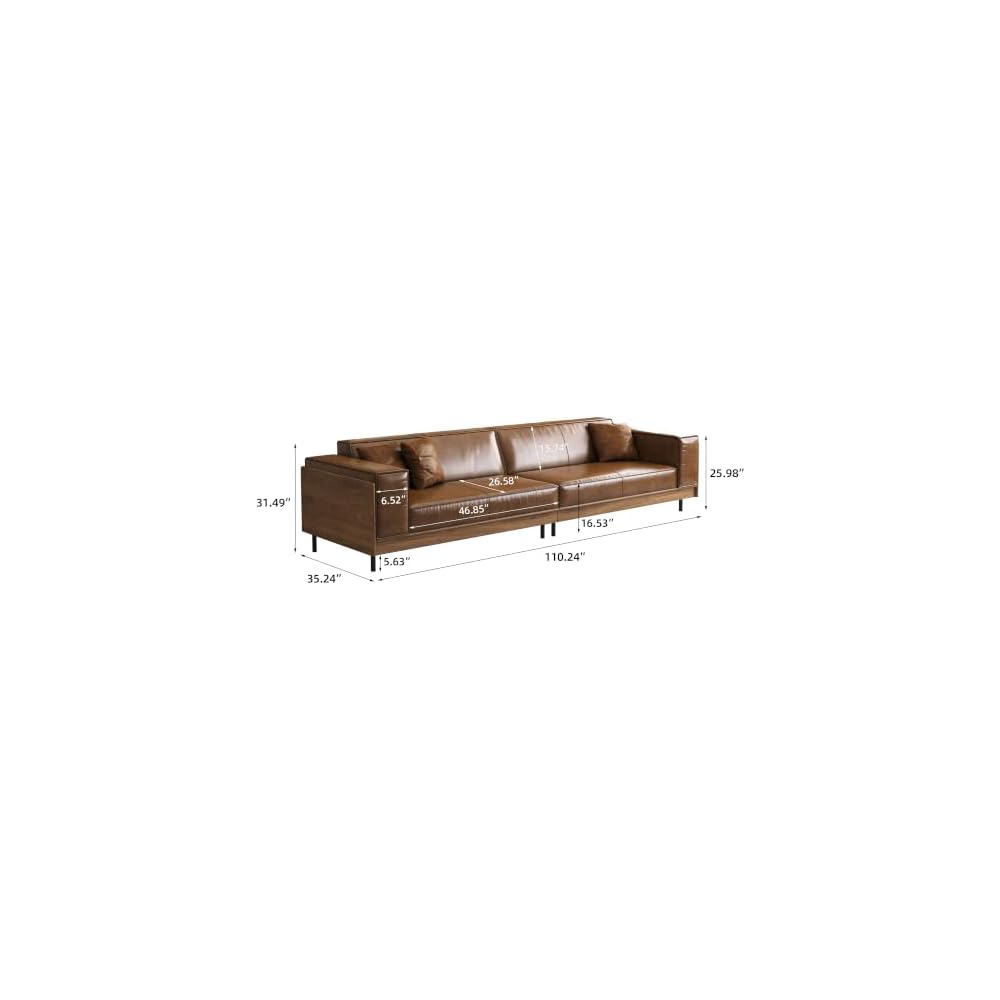 110.24" Brown Leather Couch, 4 Seater Faux Leather Sofa