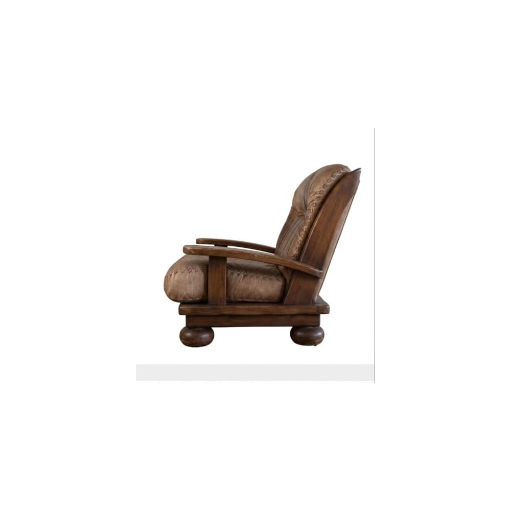 Brown Leather Lounge Chair with Wood Frame, Foldable Padded Accent Armchair