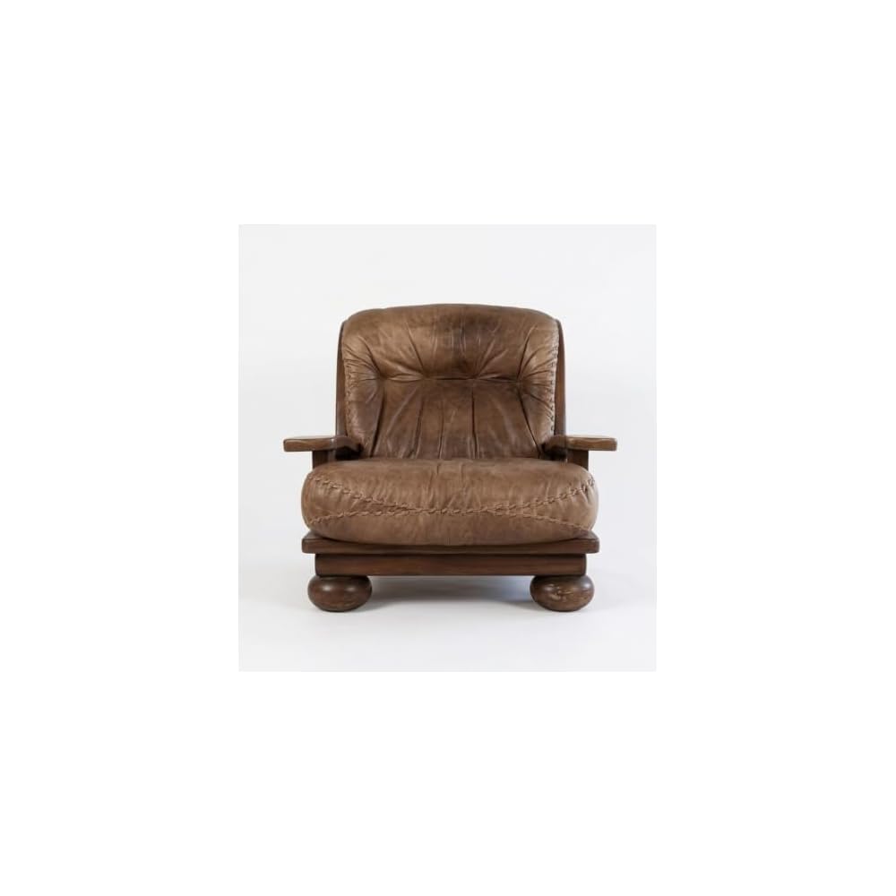 Brown Leather Lounge Chair with Wood Frame, Foldable Padded Accent Armchair