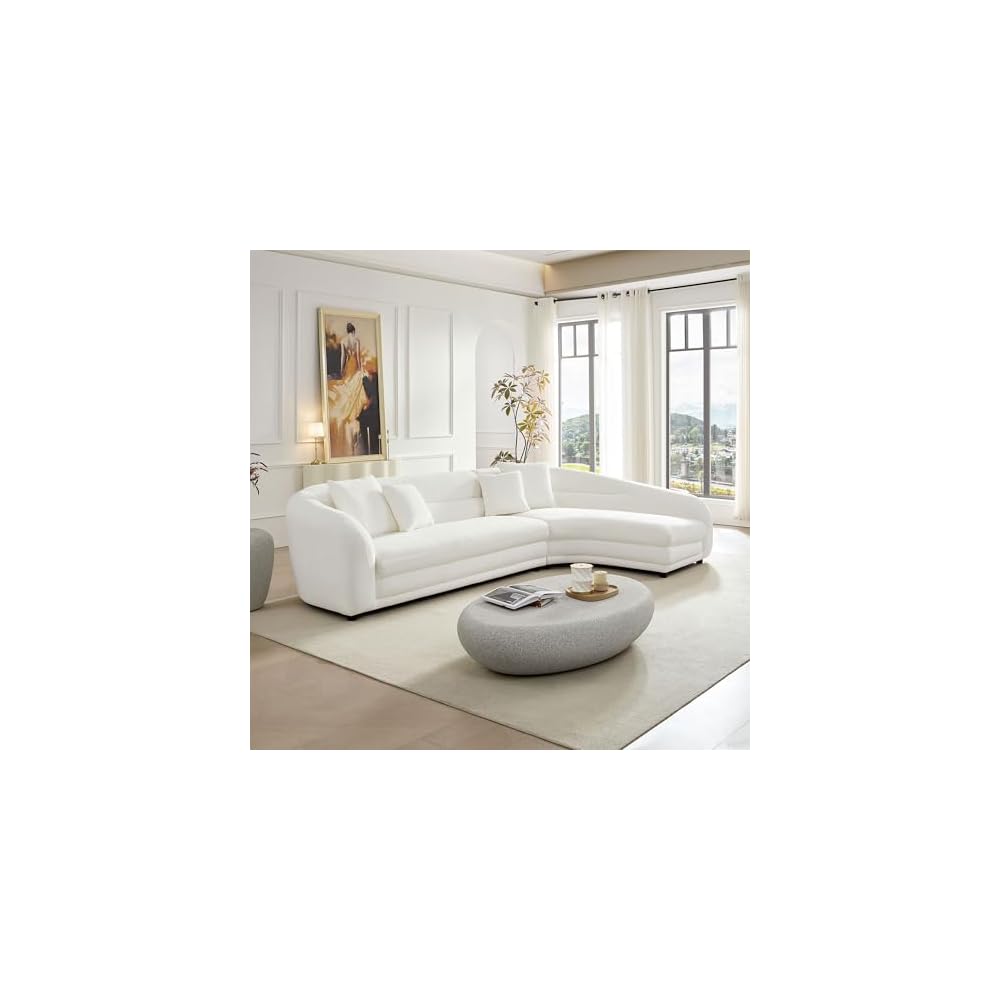 KEIKI 125" Curved Oversized Boucle Modular Sectional Sofa with Right Chaise, Upholstered 4-Seater Comfy Couch with 40D High-Density Rebound Foam & 4 Pillows, Easy Assembly, for Living Room, White