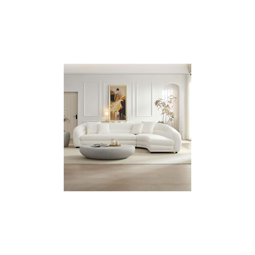 KEIKI 125" Curved Oversized Boucle Modular Sectional Sofa with Right Chaise, Upholstered 4-Seater Comfy Couch with 40D High-Density Rebound Foam & 4 Pillows, Easy Assembly, for Living Room, White
