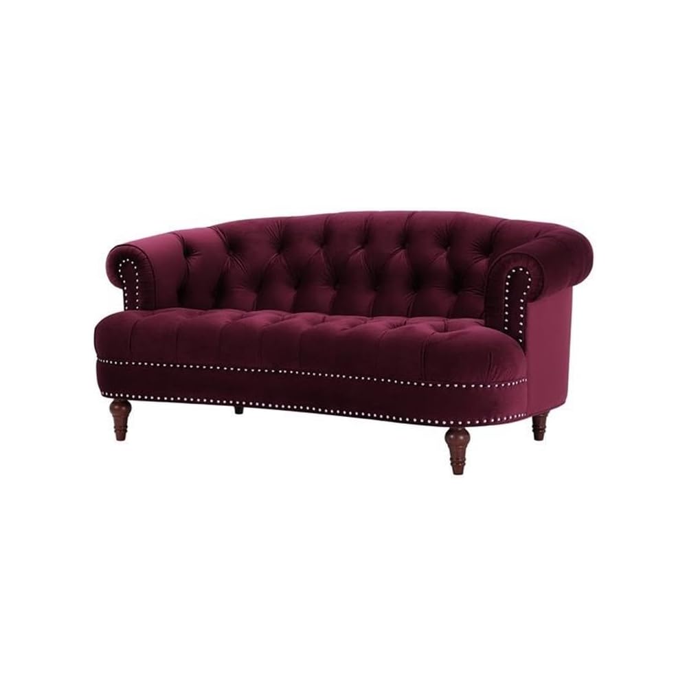 MAKLAINE Contemporary Hardwood Loveseat, 68.5" W X 38" D X 32" H, Velvet Upholstery, Burgundy Color, Tufted Design with Nailhead Accents, Medium Firm Living Room Seating for 2
