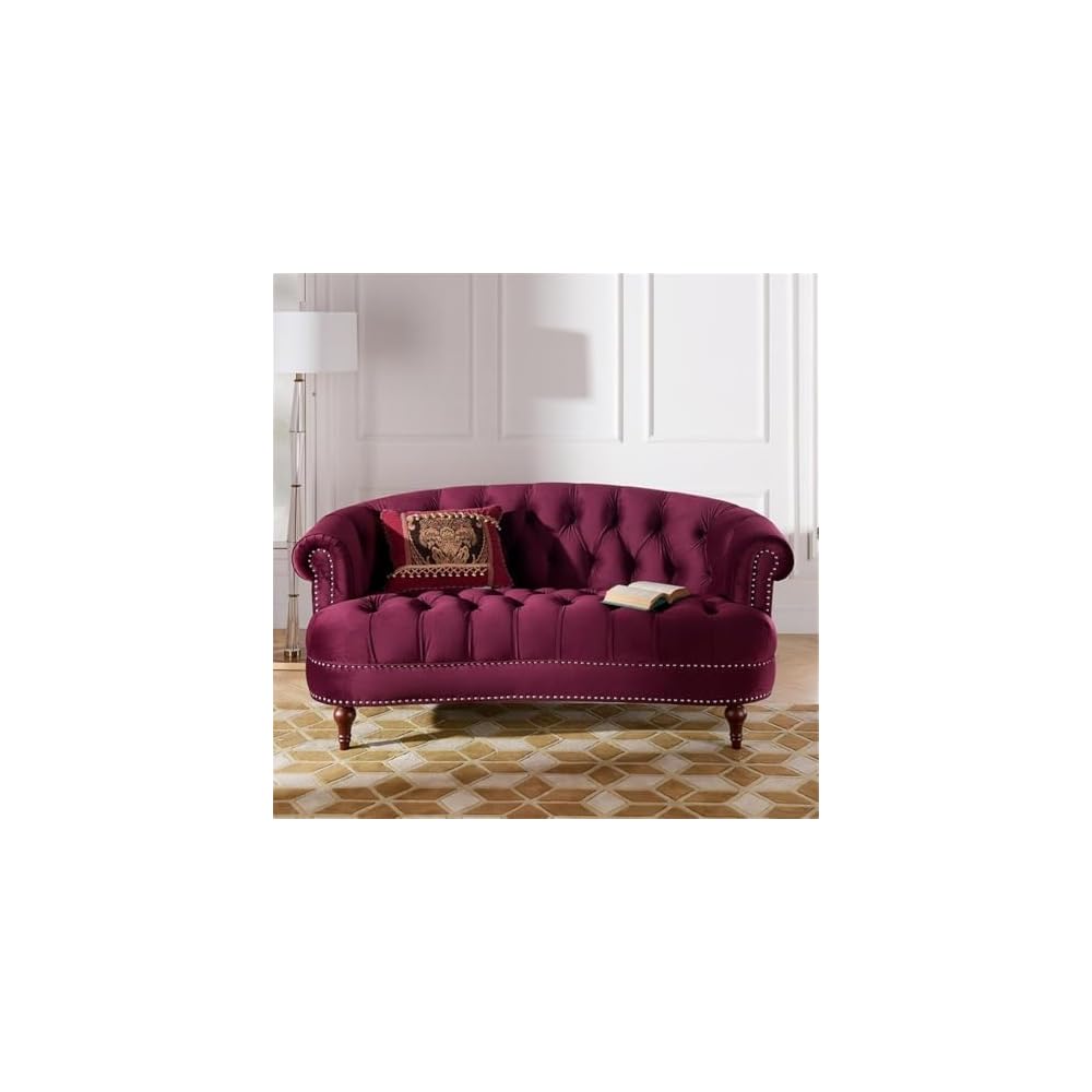 MAKLAINE Contemporary Hardwood Loveseat, 68.5" W X 38" D X 32" H, Velvet Upholstery, Burgundy Color, Tufted Design with Nailhead Accents, Medium Firm Living Room Seating for 2