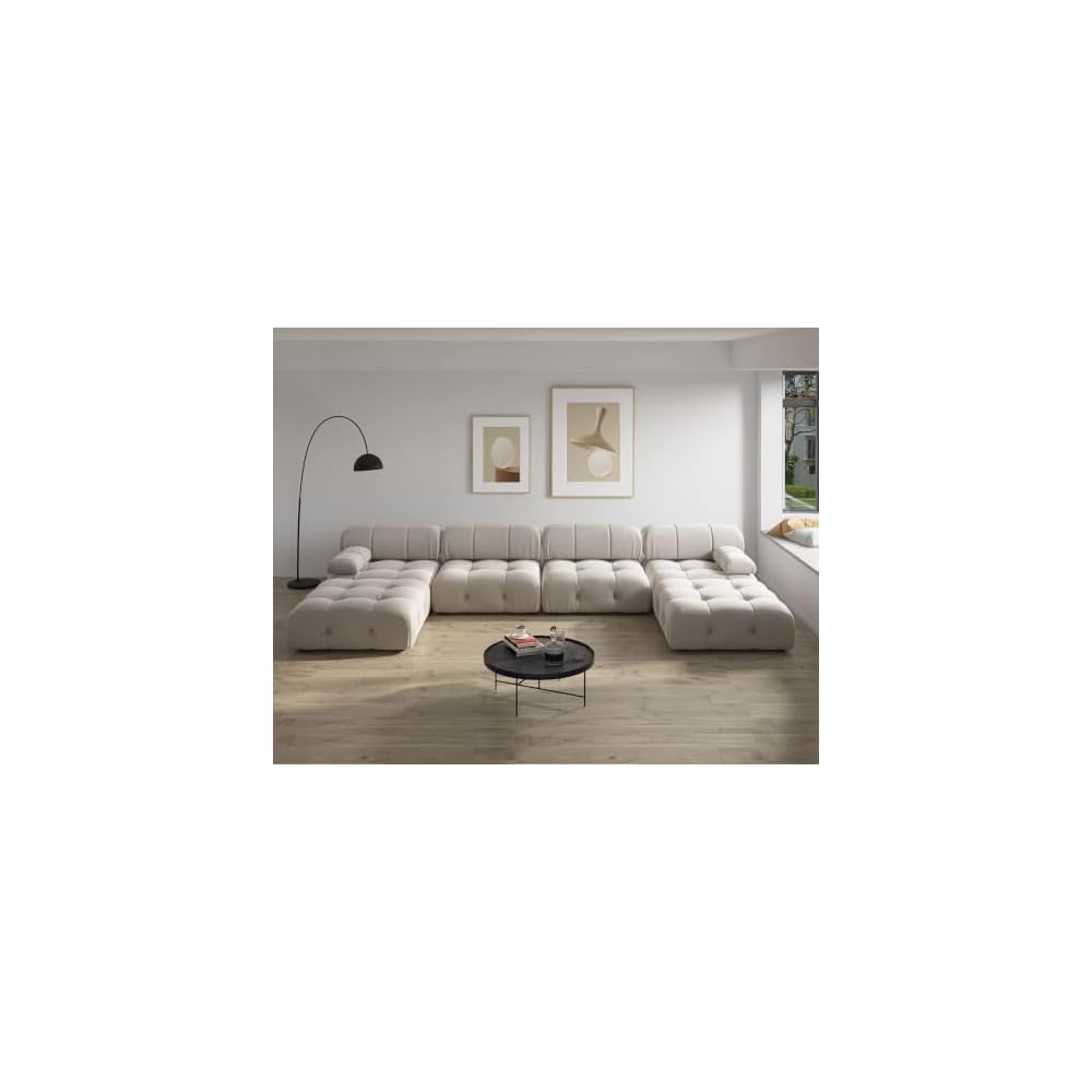 JACH 138" Modular Sectional Couch, U-Shaped Minimalist Velvet Sofas with Chaise Ottomans, Convertible Modern Deep 6-Seat Sofas Furniture for Living Room, Apartment (Beige)