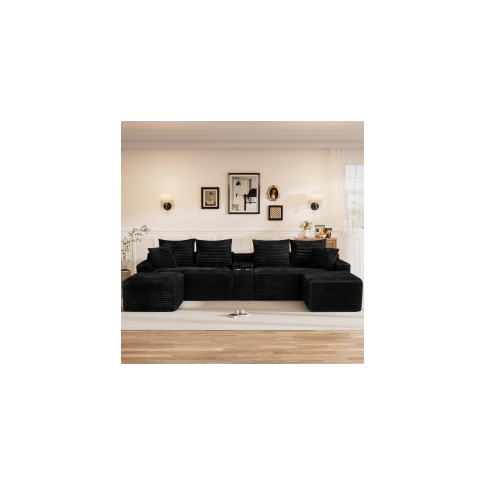 127" U-Shaped Cloud Boneless Sectional Couch, Compressed Oversized Modular Sectional Sofas with USB & Storge Console, Fluffy Corduroy Boneless Couches for Living Room with 2 Ottomans, Black