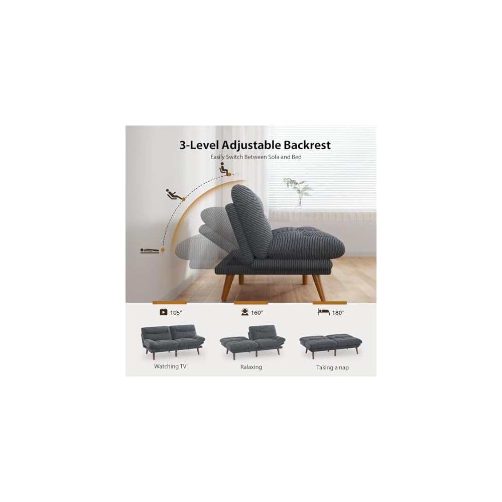 PERLECARE Convertible Futon Sofa Bed, 73" Corduroy Futon Couch with Adjustable Backrest and Armrests, 3-in-1Recliner Sleeper Sofa for Small Spaces, Play Room,Living Room or Office（73in,Grey