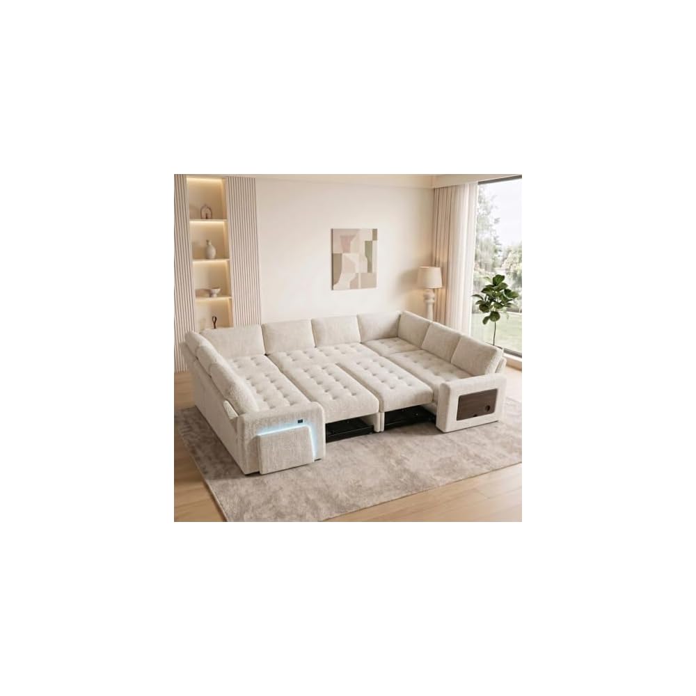 MUUEGM 102" Sectional Sleeper Sofa with Pull-Out Bed 8 Seat Modern U-Shaped Modular Couch Reclining Backrest, USB Ports, LED Light, Side Table, Storage Seat, Tool-Free Assembly, Chenille Beige