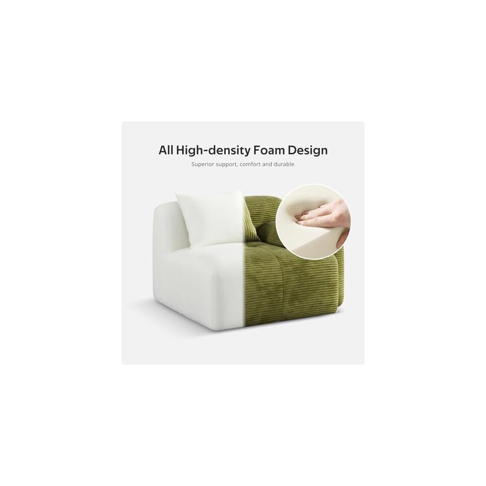118" Oversized 3-Seater L-Shaped Boneless Couch for Living Room, Comfortable Corduroy Modular Sectional Sofa Cloud Couch with Movable Ottoman, No Assembly Required(Green)