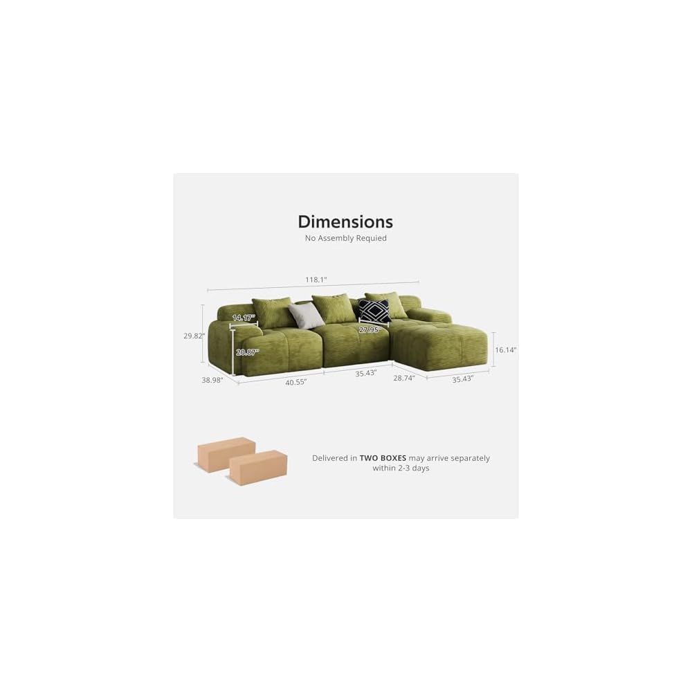 118" Oversized 3-Seater L-Shaped Boneless Couch for Living Room, Comfortable Corduroy Modular Sectional Sofa Cloud Couch with Movable Ottoman, No Assembly Required(Green)