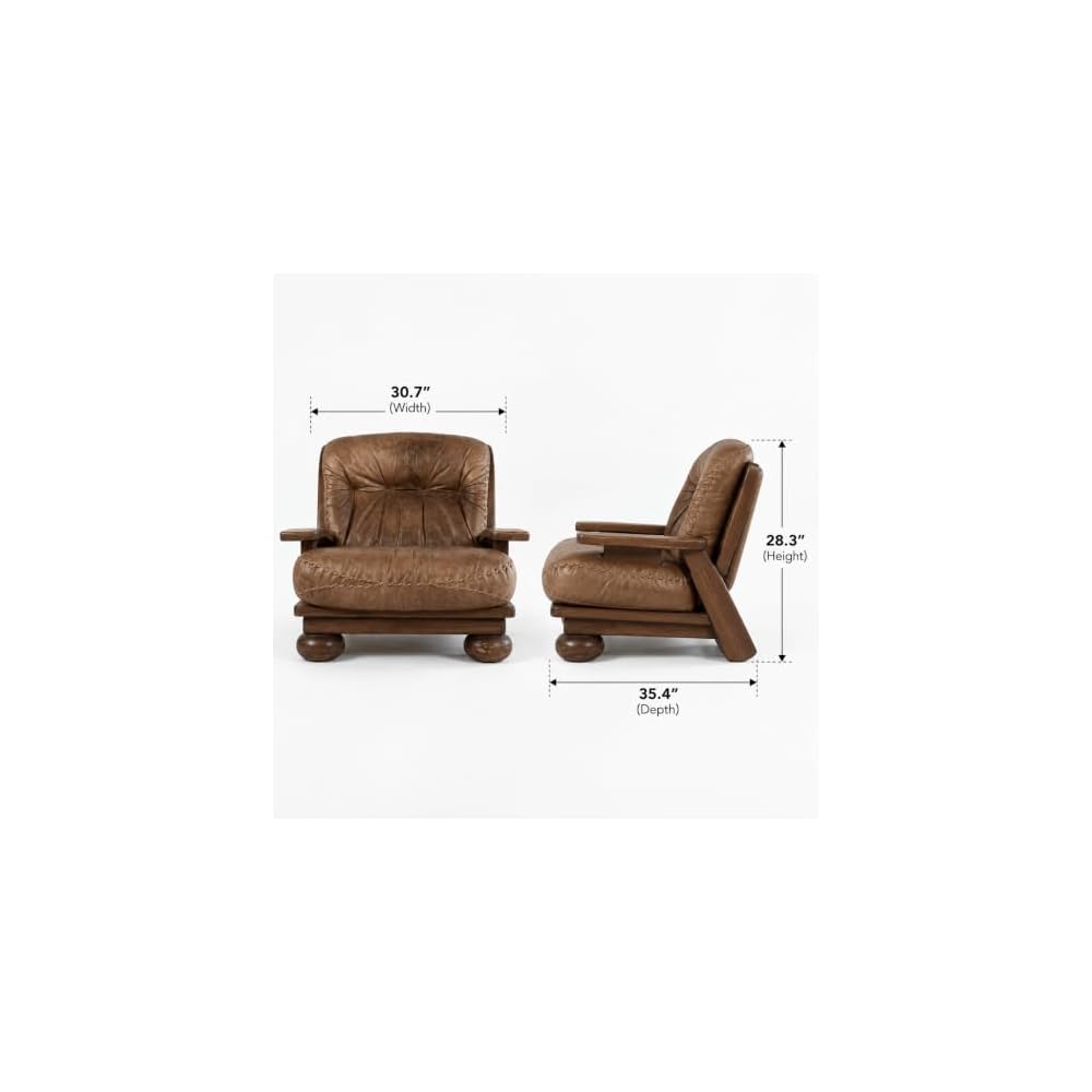 Brown Leather Lounge Chair with Wood Frame, Foldable Padded Accent Armchair