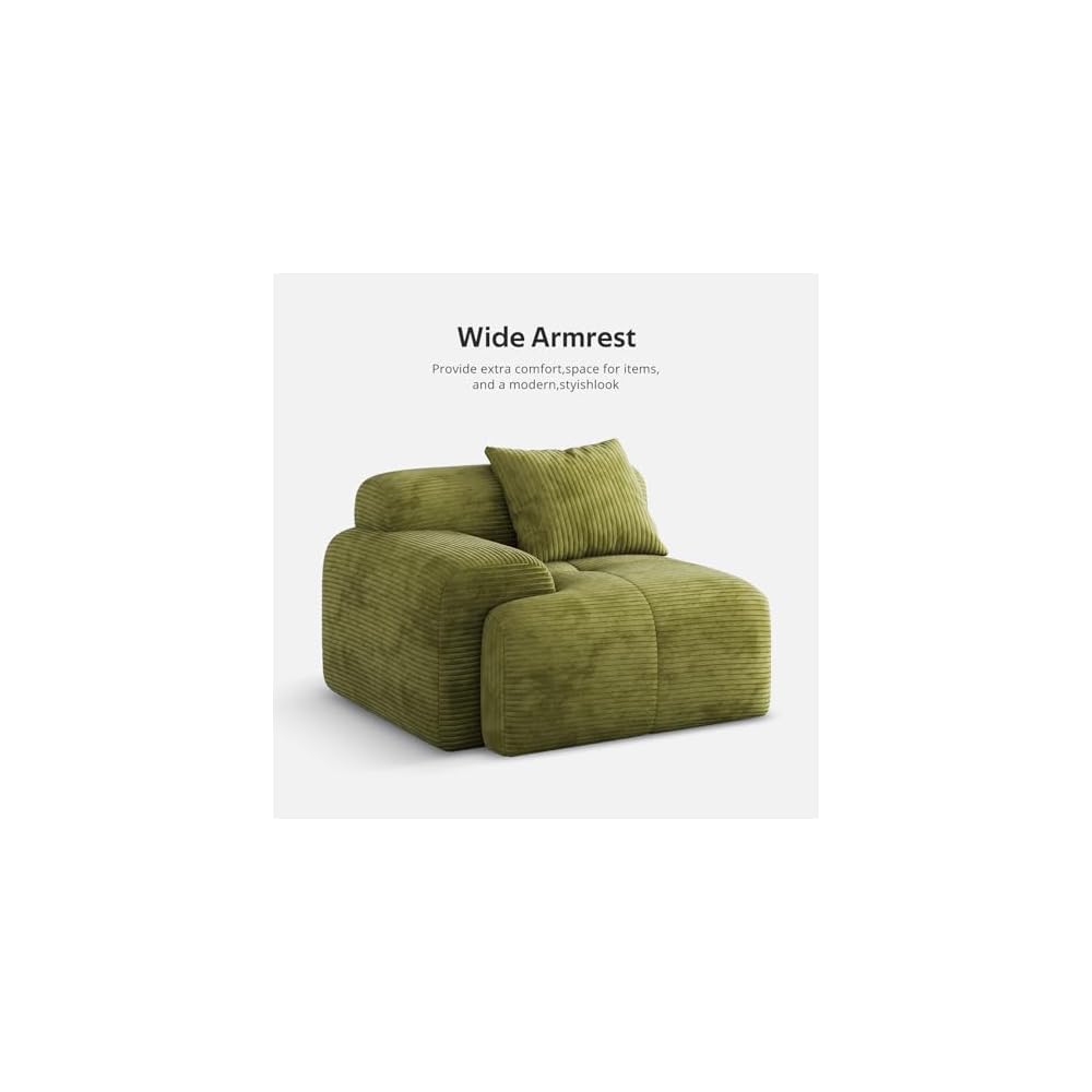118" Oversized 3-Seater L-Shaped Boneless Couch for Living Room, Comfortable Corduroy Modular Sectional Sofa Cloud Couch with Movable Ottoman, No Assembly Required(Green)