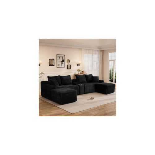 127" U-Shaped Cloud Boneless Sectional Couch, Compressed Oversized Modular Sectional Sofas with USB & Storge Console, Fluffy Corduroy Boneless Couches for Living Room with 2 Ottomans, Black