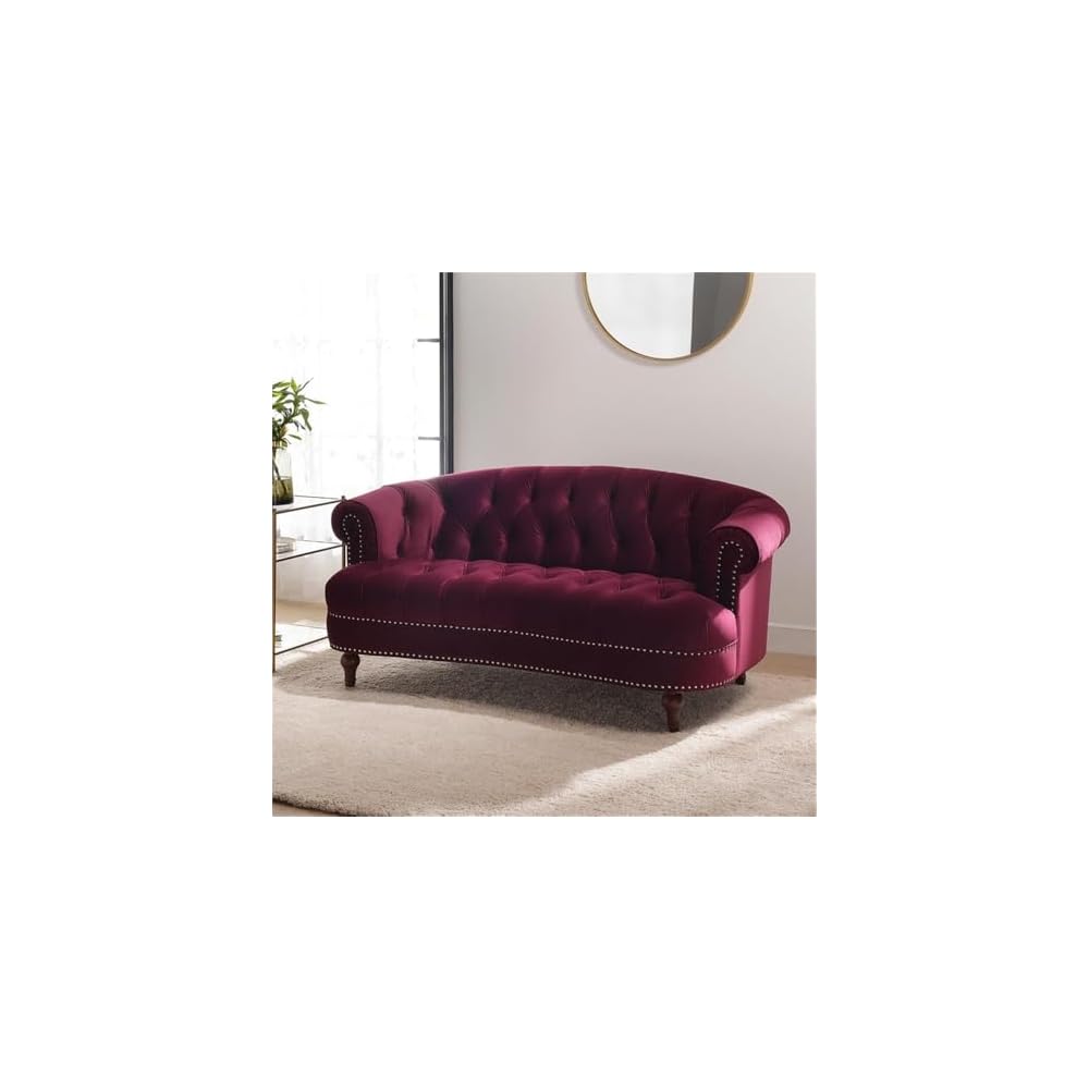 MAKLAINE Contemporary Hardwood Loveseat, 68.5" W X 38" D X 32" H, Velvet Upholstery, Burgundy Color, Tufted Design with Nailhead Accents, Medium Firm Living Room Seating for 2