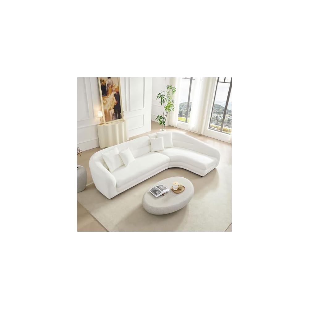 KEIKI 125" Curved Oversized Boucle Modular Sectional Sofa with Right Chaise, Upholstered 4-Seater Comfy Couch with 40D High-Density Rebound Foam & 4 Pillows, Easy Assembly, for Living Room, White
