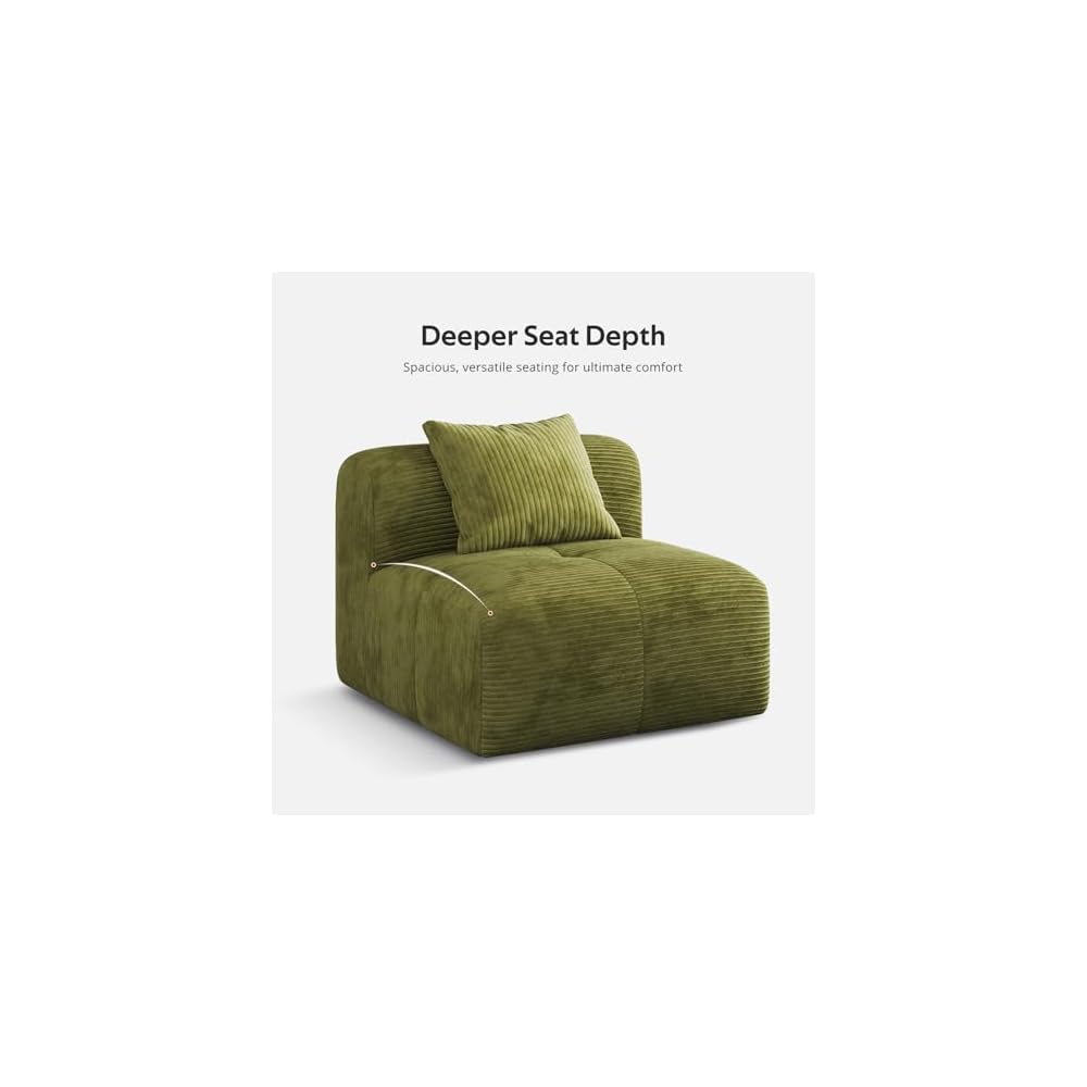 118" Oversized 3-Seater L-Shaped Boneless Couch for Living Room, Comfortable Corduroy Modular Sectional Sofa Cloud Couch with Movable Ottoman, No Assembly Required(Green)