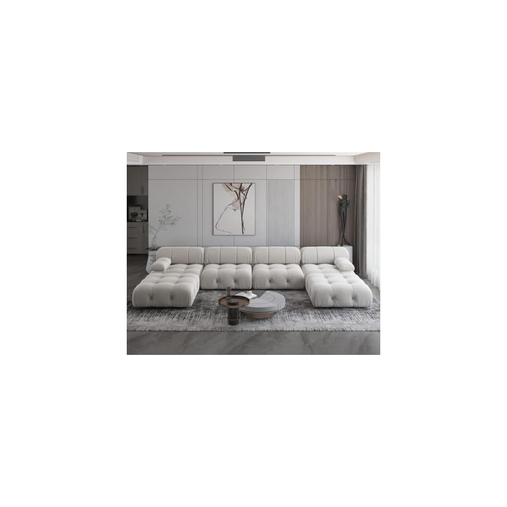JACH 138" Modular Sectional Couch, U-Shaped Minimalist Velvet Sofas with Chaise Ottomans, Convertible Modern Deep 6-Seat Sofas Furniture for Living Room, Apartment (Beige)