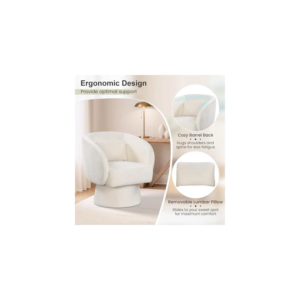 GIANTEX Swivel Accent Chair, Upholstered Barrel Chair with Curved Back & Removable Lumbar Pillow, Comfy Round Armchair with 360° Rotating Function, Single Sofa Chair for Living Room