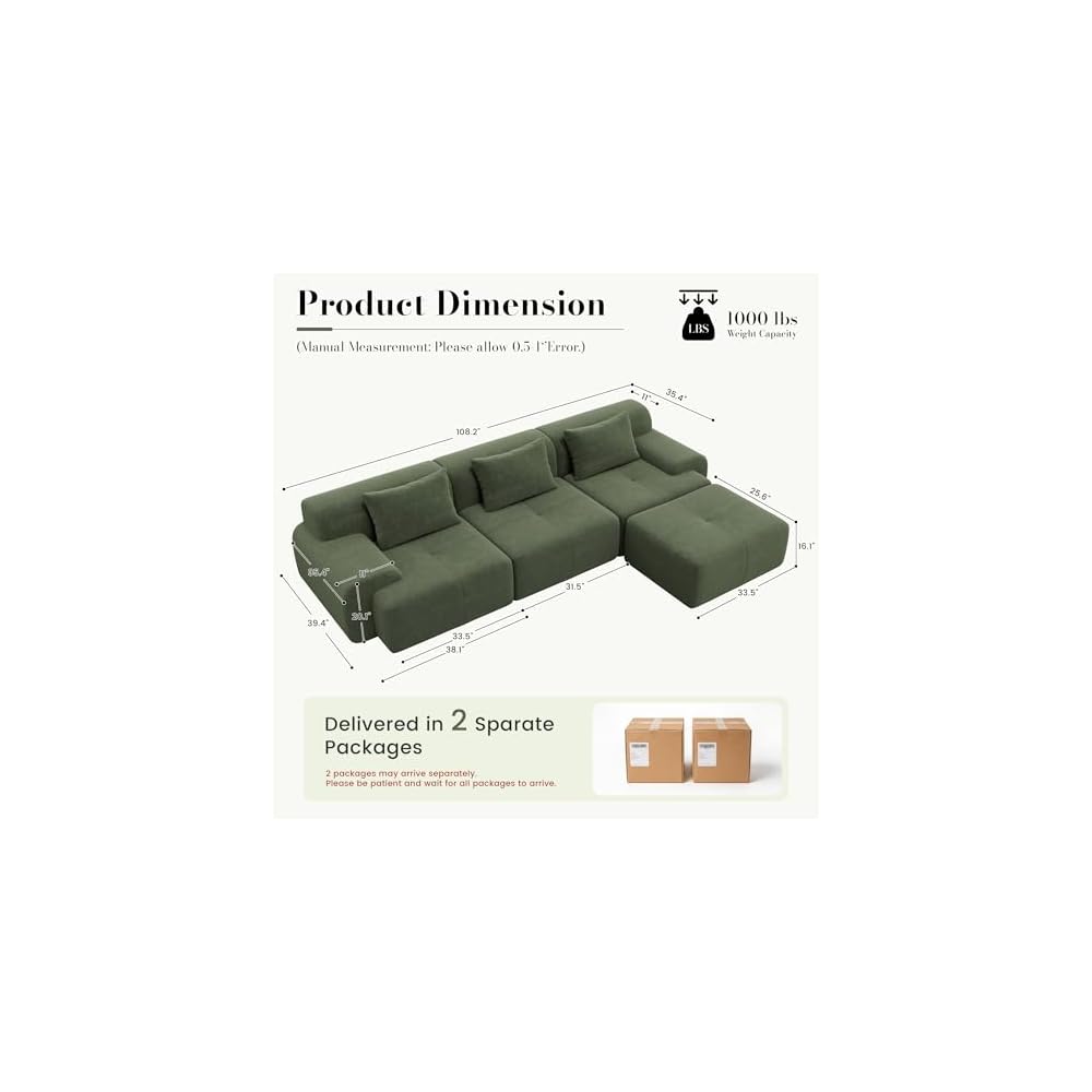 GRUSIGN 108'' Modular Boneless Sofa,Sectional Couch for Living Room