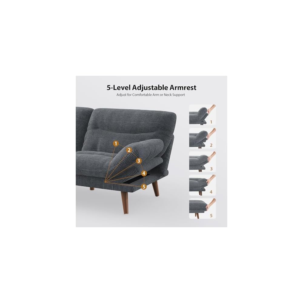 PERLECARE Convertible Futon Sofa Bed, 73" Corduroy Futon Couch with Adjustable Backrest and Armrests, 3-in-1Recliner Sleeper Sofa for Small Spaces, Play Room,Living Room or Office（73in,Grey