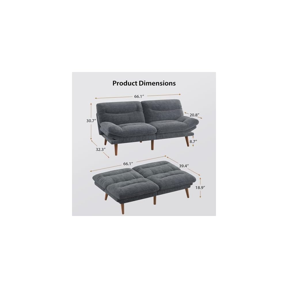 PERLECARE Convertible Futon Sofa Bed, 73" Corduroy Futon Couch with Adjustable Backrest and Armrests, 3-in-1Recliner Sleeper Sofa for Small Spaces, Play Room,Living Room or Office（73in,Grey