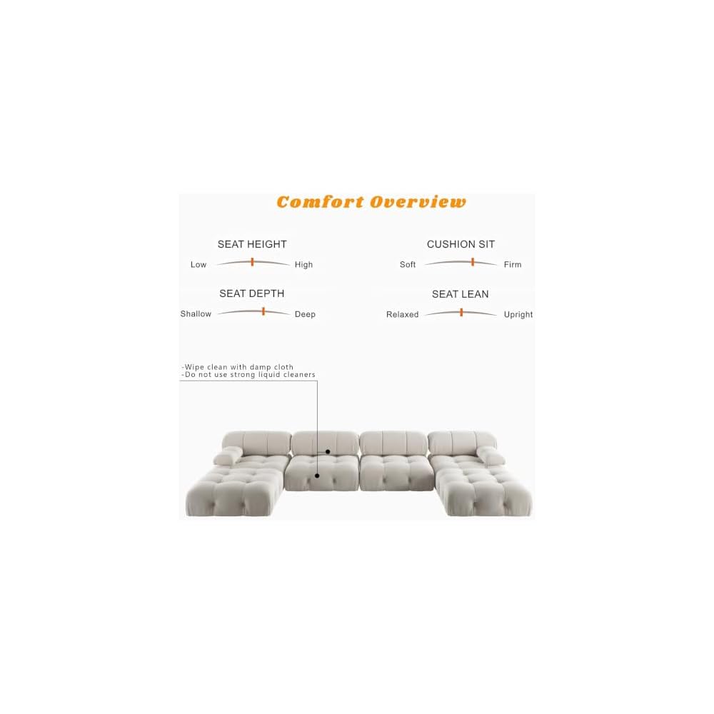 JACH 138" Modular Sectional Couch, U-Shaped Minimalist Velvet Sofas with Chaise Ottomans, Convertible Modern Deep 6-Seat Sofas Furniture for Living Room, Apartment (Beige)