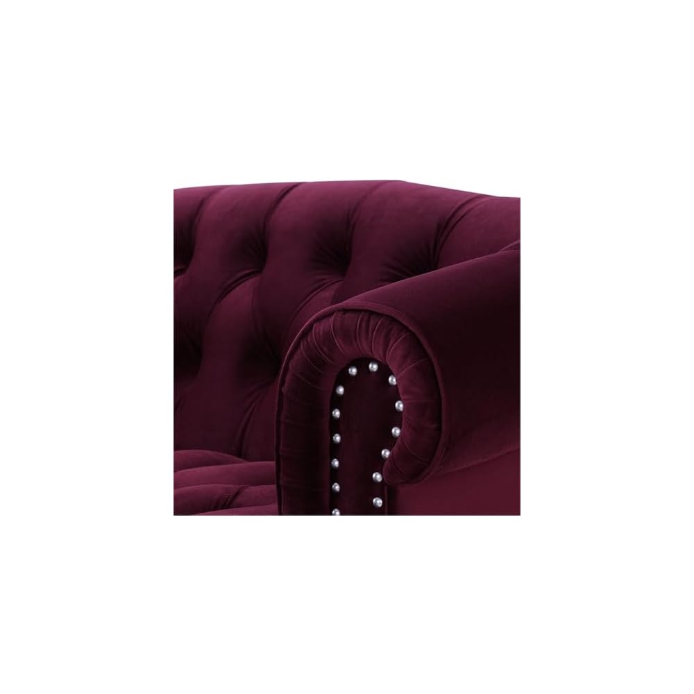 MAKLAINE Contemporary Hardwood Loveseat, 68.5" W X 38" D X 32" H, Velvet Upholstery, Burgundy Color, Tufted Design with Nailhead Accents, Medium Firm Living Room Seating for 2