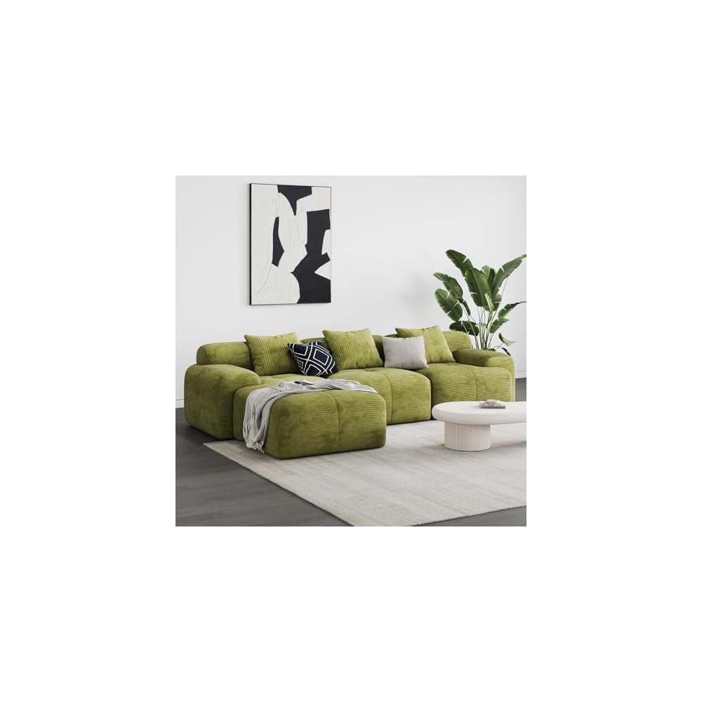 118" Oversized 3-Seater L-Shaped Boneless Couch for Living Room, Comfortable Corduroy Modular Sectional Sofa Cloud Couch with Movable Ottoman, No Assembly Required(Green)