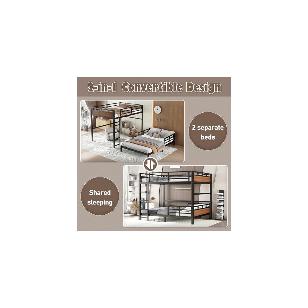 Bellemave Full XL Over Full XL Bunk Bed, Separable Bunk Beds for Kids, Converts to Loft Bed & Platform Bed, Heavy Duty Metal Bunkbed with Guardrails, No Box Spring Needed, Walnut