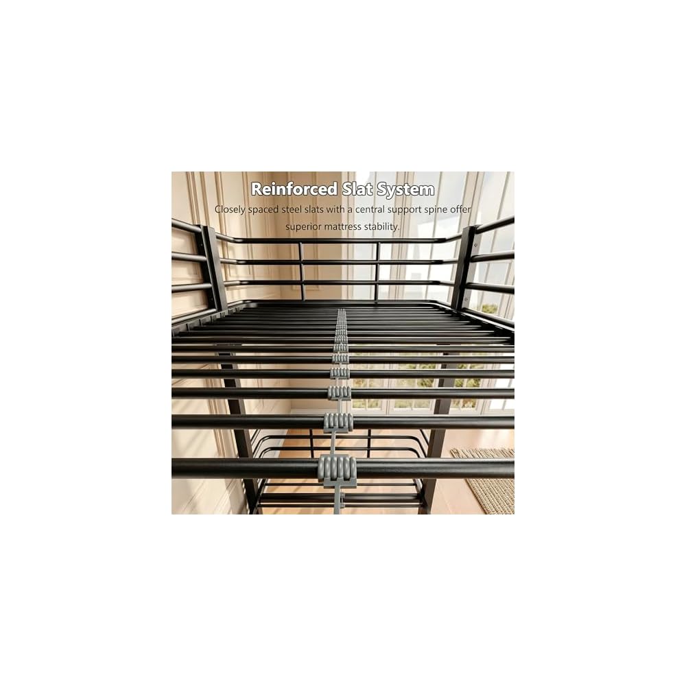 GalnFu Twin Over Twin Bunk Bed, Heavy Duty Metal Bunk Beds with Full-Length Guardrail, Anti-Slip Ladder for Kids, Teens & Adults, No Box Spring Needed (Black)