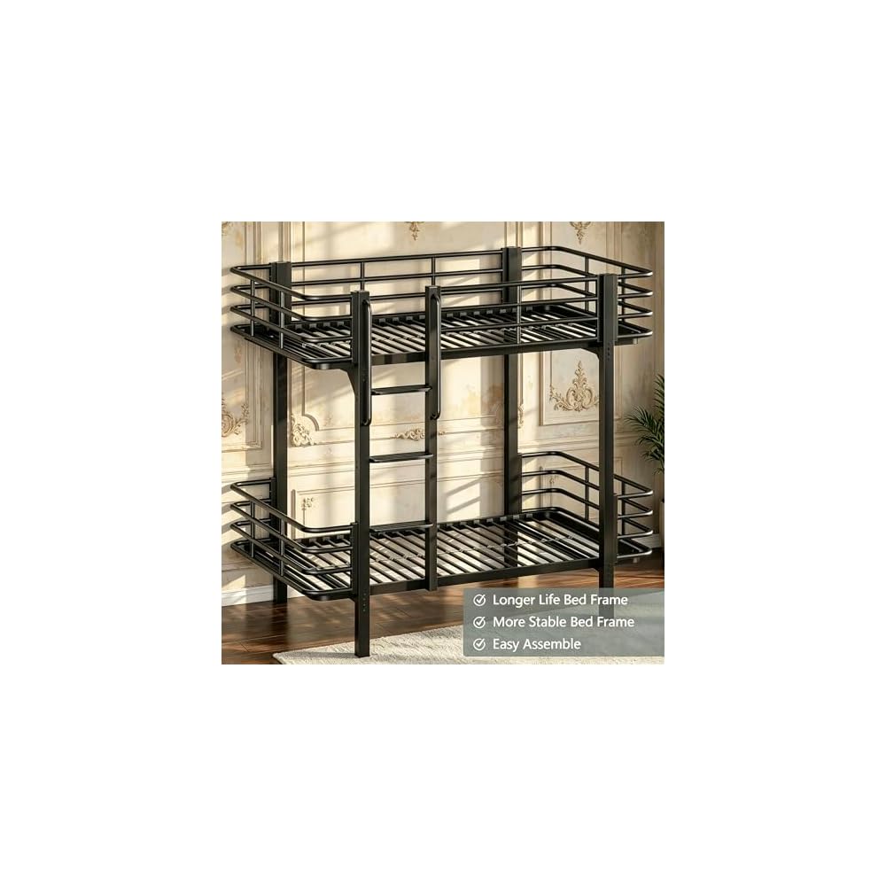 GalnFu Twin Over Twin Bunk Bed, Heavy Duty Metal Bunk Beds with Full-Length Guardrail, Anti-Slip Ladder for Kids, Teens & Adults, No Box Spring Needed (Black)