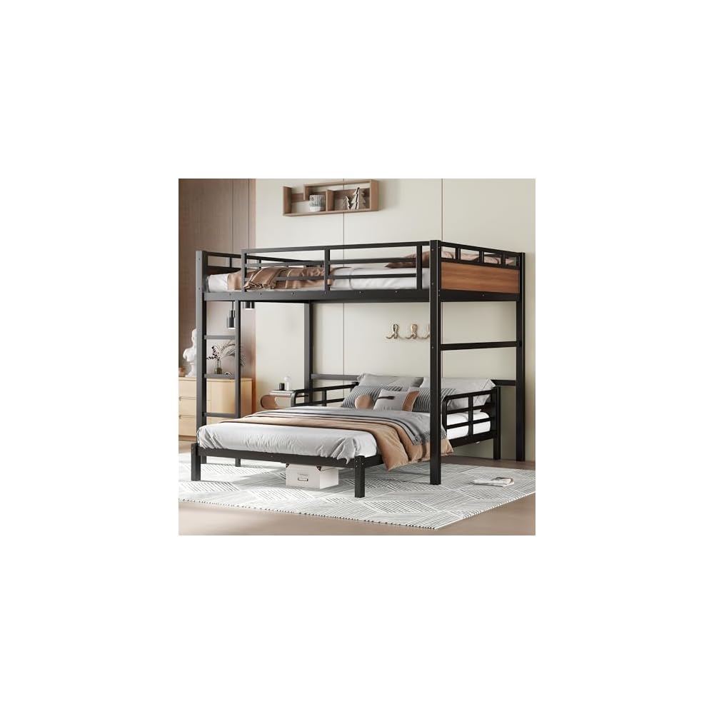 Bellemave Full XL Over Full XL Bunk Bed, Separable Bunk Beds for Kids, Converts to Loft Bed & Platform Bed, Heavy Duty Metal Bunkbed with Guardrails, No Box Spring Needed, Walnut