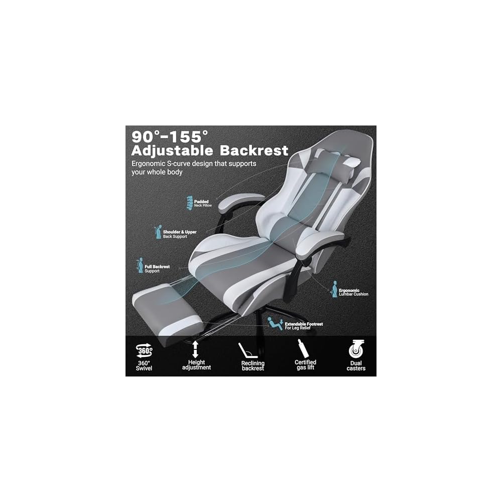 Gaming Chair, Ergonomic Computer Chair with Footrest and Lumbar Support, Height Adjustable Office Chair with 360° Swivel Seat and Headrest