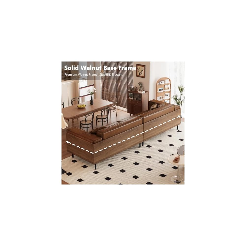 110.24" Brown Leather Couch, 4 Seater Faux Leather Sofa