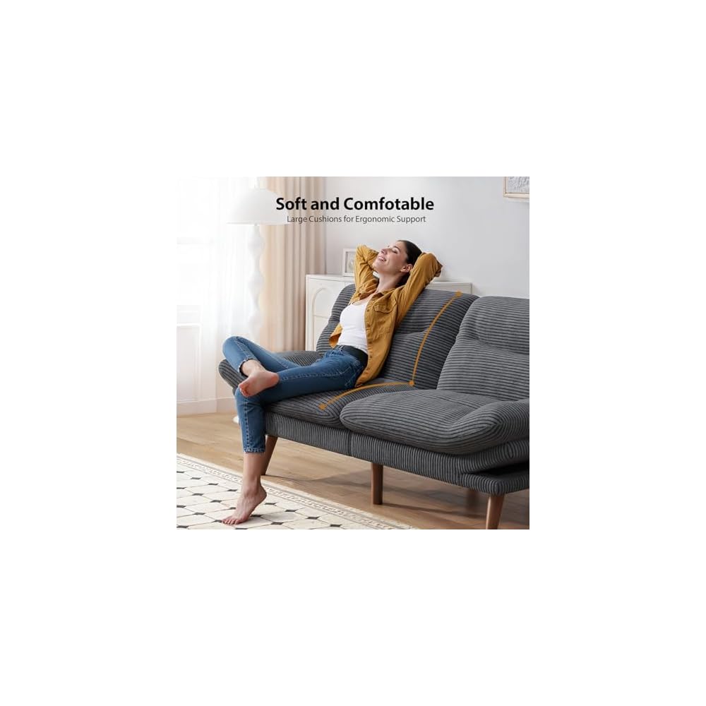 PERLECARE Convertible Futon Sofa Bed, 73" Corduroy Futon Couch with Adjustable Backrest and Armrests, 3-in-1Recliner Sleeper Sofa for Small Spaces, Play Room,Living Room or Office（73in,Grey