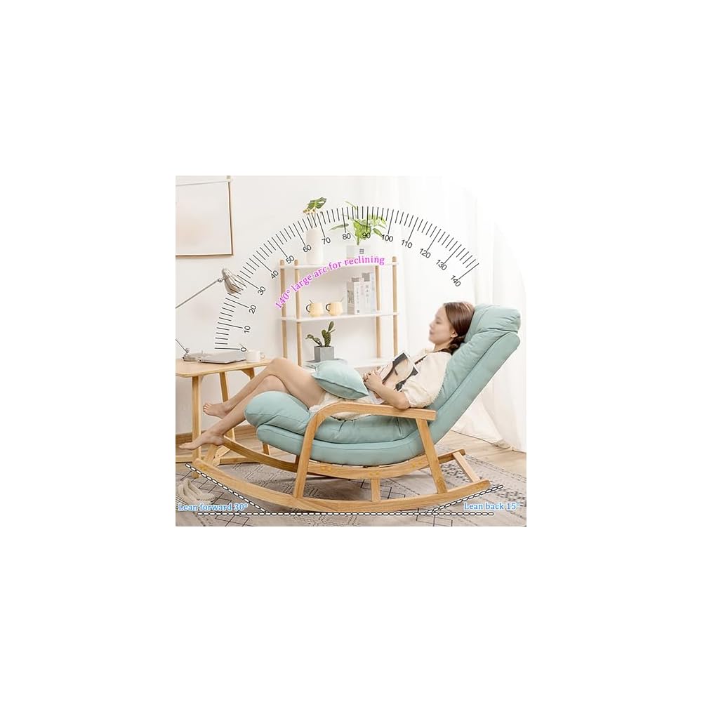 Rocking Chair with Lumbar Pillow, Wooden Rocker Chair with High Backrest and Armrest, Modern Upholstered Side Chair, Relax Recliner, for Nursery, Living Room, Bedroom (Color : Light Blue)