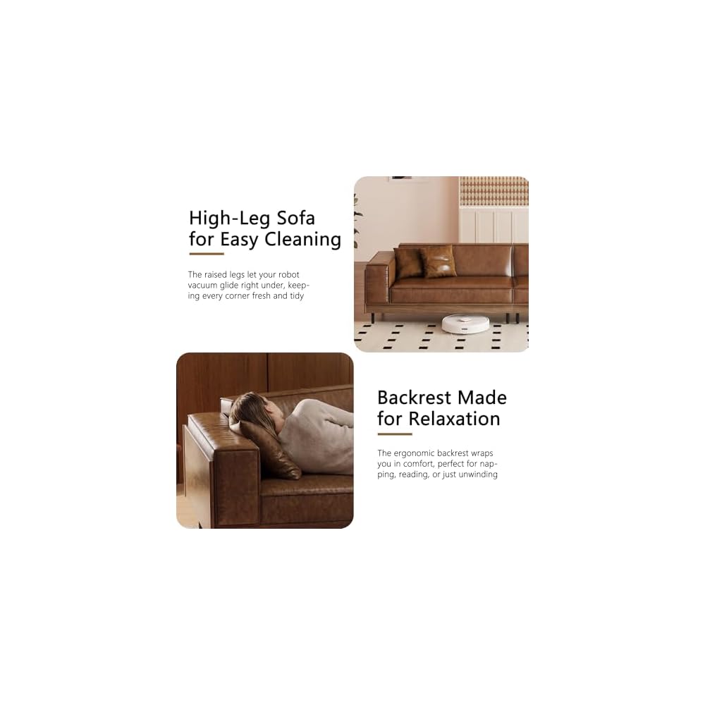 110.24" Brown Leather Couch, 4 Seater Faux Leather Sofa