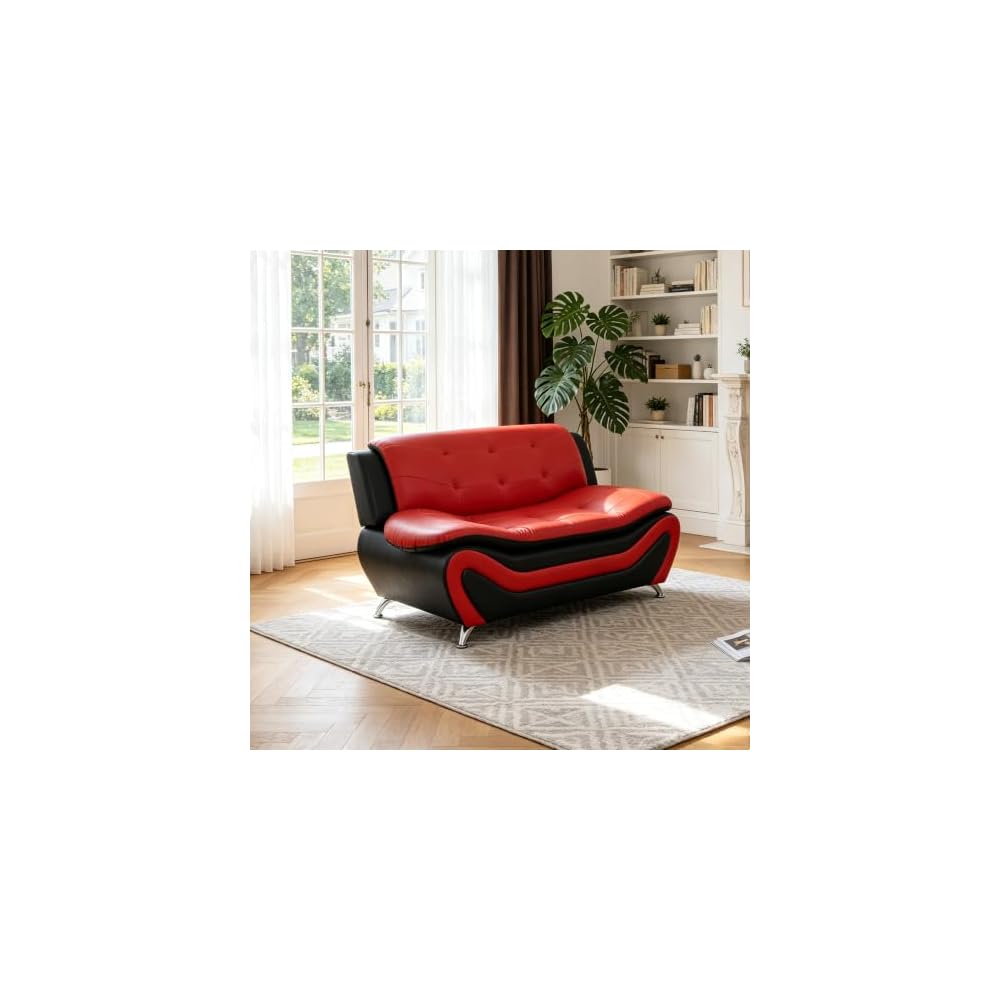 60" Leather Sofa Loveseat Couches for Living Room，Red&Black