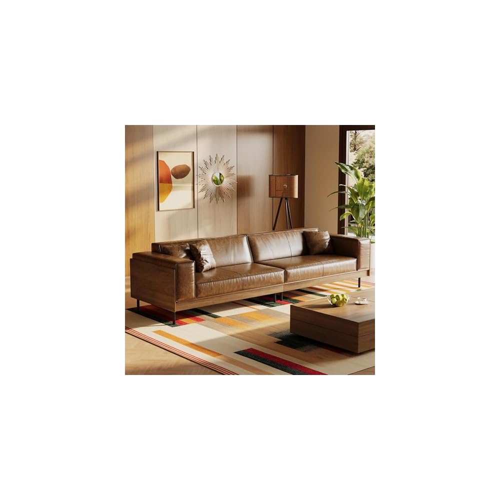 110.24" Brown Leather Couch, 4 Seater Faux Leather Sofa