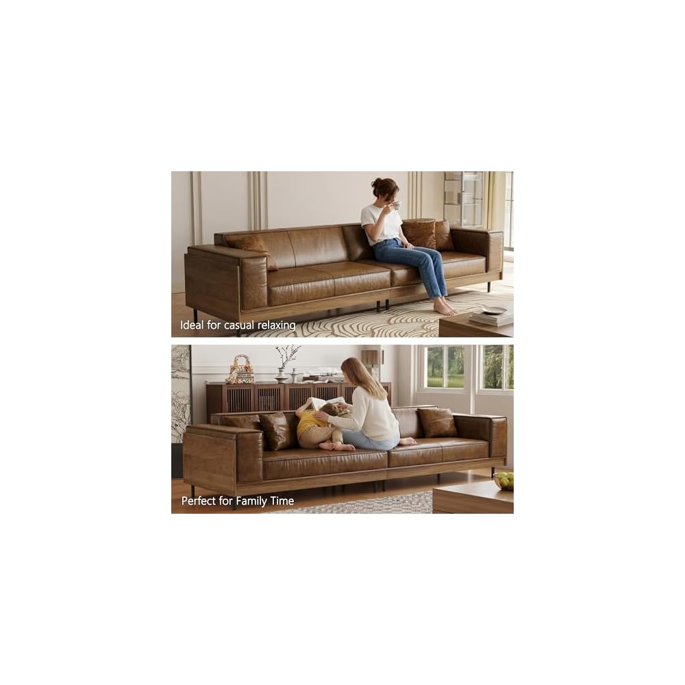 110.24" Brown Leather Couch, 4 Seater Faux Leather Sofa