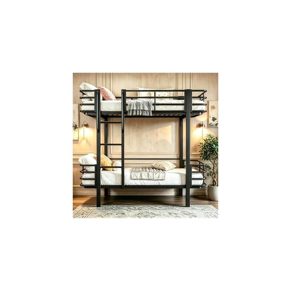 GalnFu Twin Over Twin Bunk Bed, Heavy Duty Metal Bunk Beds with Full-Length Guardrail, Anti-Slip Ladder for Kids, Teens & Adults, No Box Spring Needed (Black)