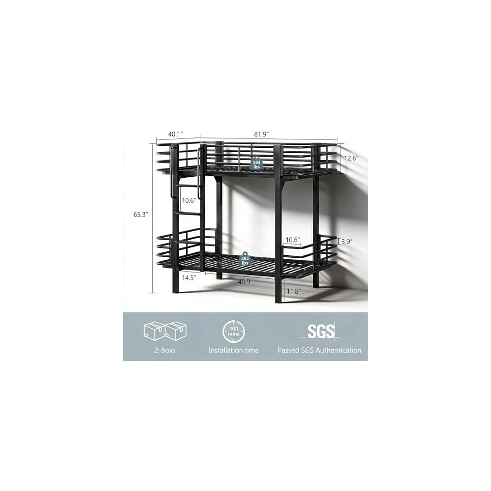 GalnFu Twin Over Twin Bunk Bed, Heavy Duty Metal Bunk Beds with Full-Length Guardrail, Anti-Slip Ladder for Kids, Teens & Adults, No Box Spring Needed (Black)