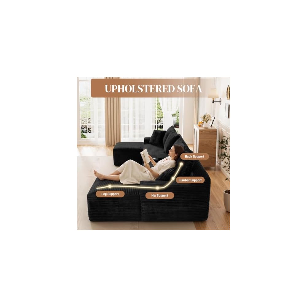 127" U-Shaped Cloud Boneless Sectional Couch, Compressed Oversized Modular Sectional Sofas with USB & Storge Console, Fluffy Corduroy Boneless Couches for Living Room with 2 Ottomans, Black