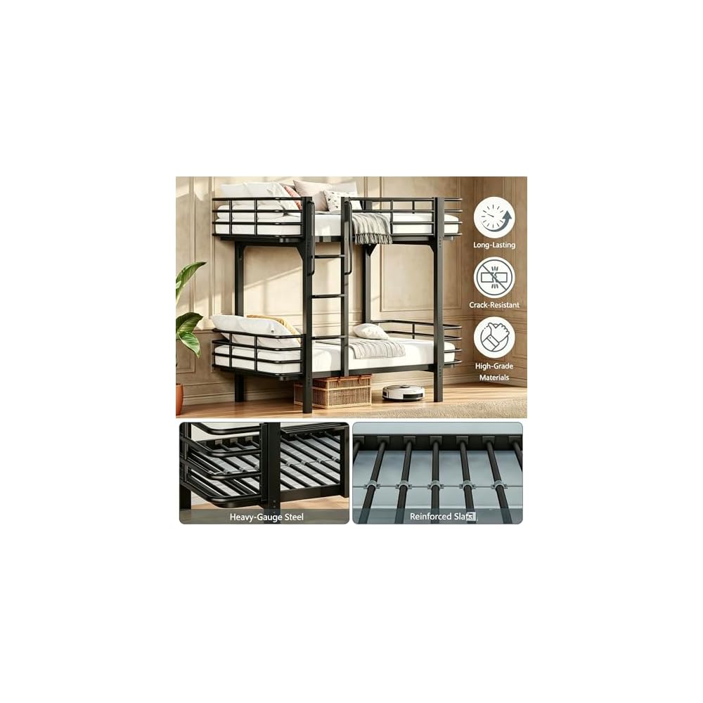 GalnFu Twin Over Twin Bunk Bed, Heavy Duty Metal Bunk Beds with Full-Length Guardrail, Anti-Slip Ladder for Kids, Teens & Adults, No Box Spring Needed (Black)