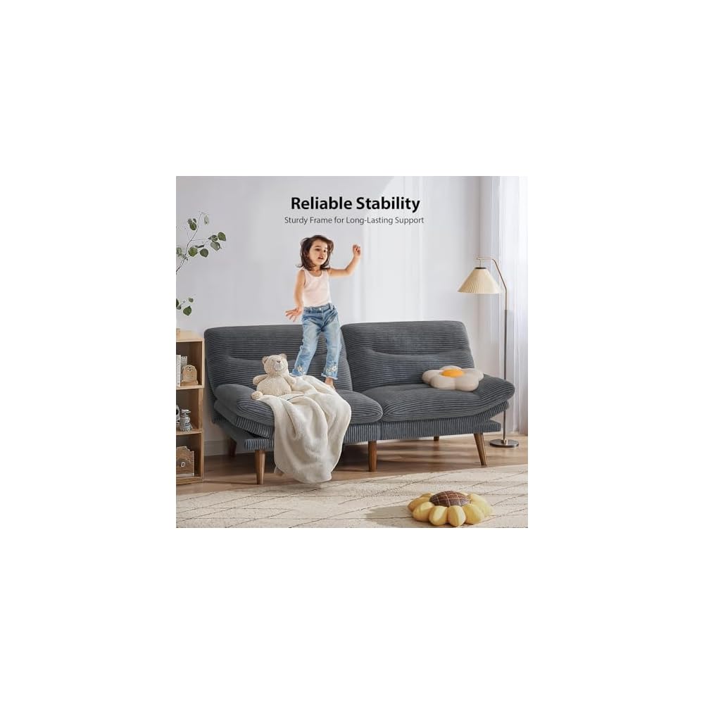 PERLECARE Convertible Futon Sofa Bed, 73" Corduroy Futon Couch with Adjustable Backrest and Armrests, 3-in-1Recliner Sleeper Sofa for Small Spaces, Play Room,Living Room or Office（73in,Grey