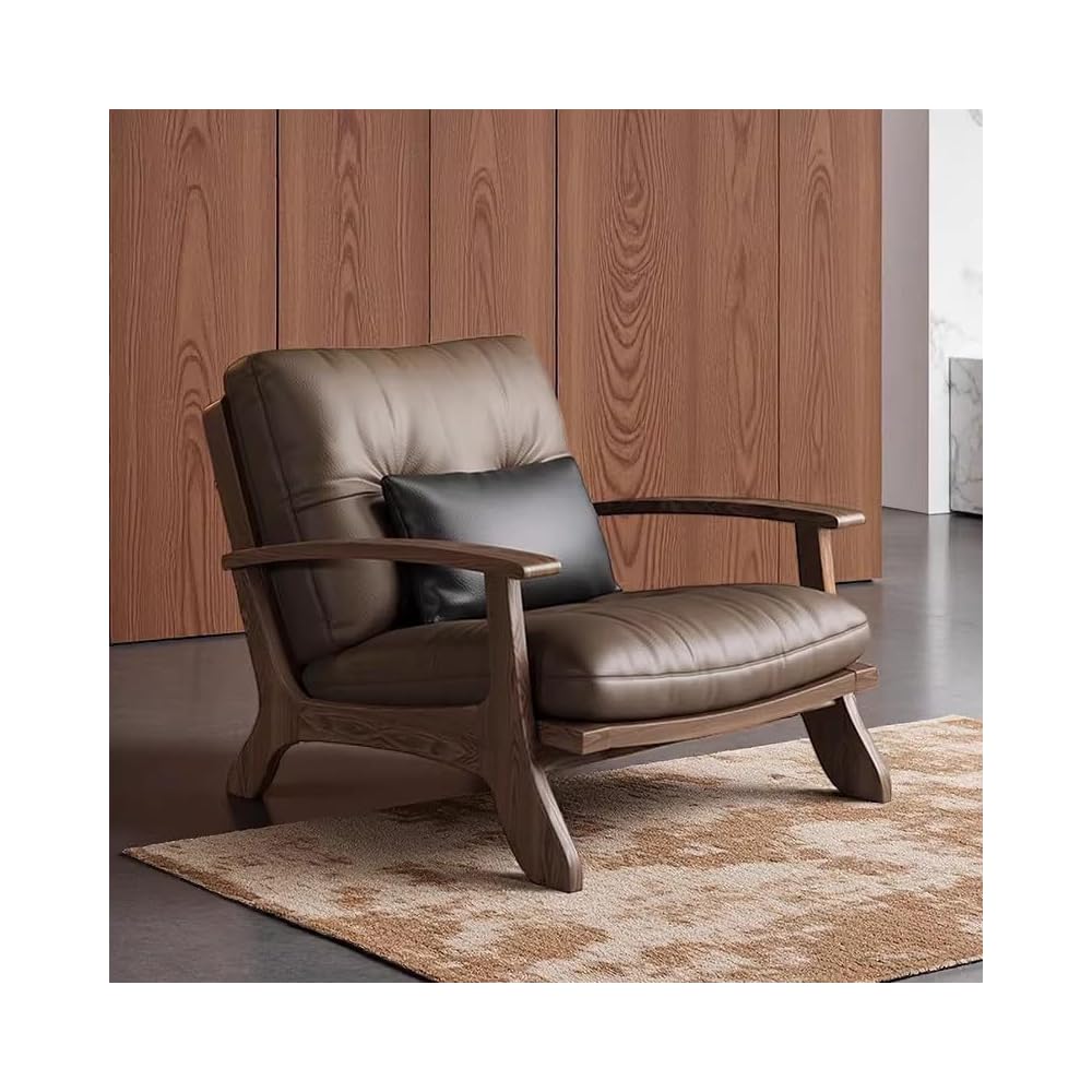 Brown Leather Lounge Chair with Wood Frame, Foldable Padded Accent Armchair