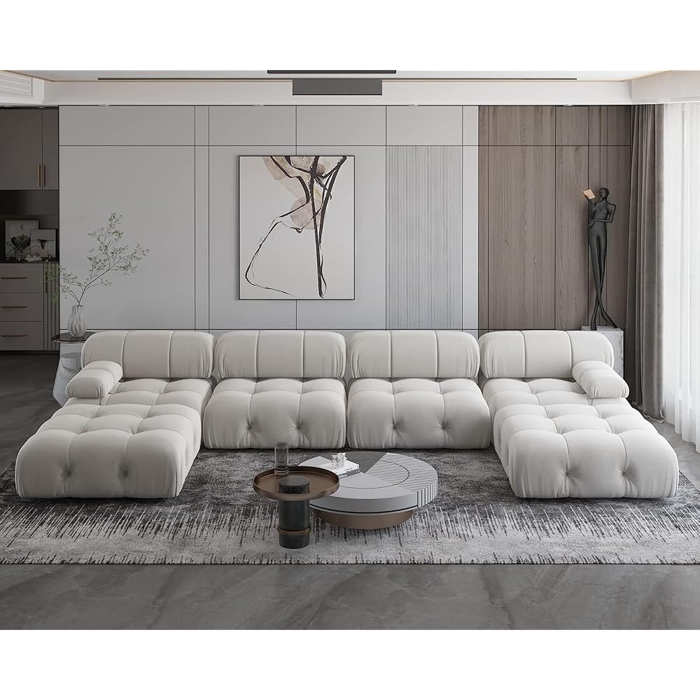 JACH 138" Modular Sectional Couch, U-Shaped Minimalist Velvet Sofas with Chaise Ottomans, Convertible Modern Deep 6-Seat Sofas Furniture for Living Room, Apartment (Beige)