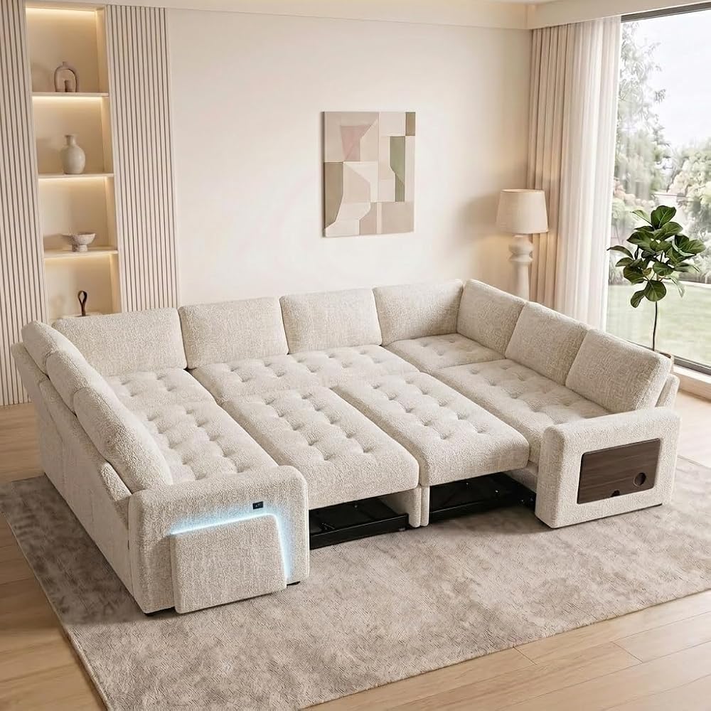 MUUEGM 102" Sectional Sleeper Sofa with Pull-Out Bed 8 Seat Modern U-Shaped Modular Couch Reclining Backrest, USB Ports, LED Light, Side Table, Storage Seat, Tool-Free Assembly, Chenille Beige