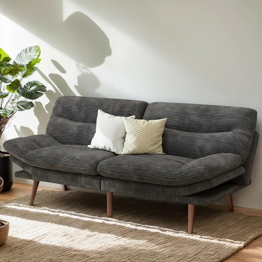 PERLECARE Convertible Futon Sofa Bed, 73" Corduroy Futon Couch with Adjustable Backrest and Armrests, 3-in-1Recliner Sleeper Sofa for Small Spaces, Play Room,Living Room or Office（73in,Grey
