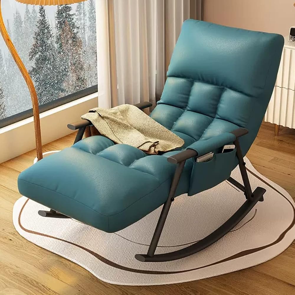 Living Room Reclining Rocking Chair,Modern Armchair,Indoor Relaxing Chair with Side Pocket, Steel Frame Anti-tilt Design,Soft Sleeper Chair (Color : Blue)